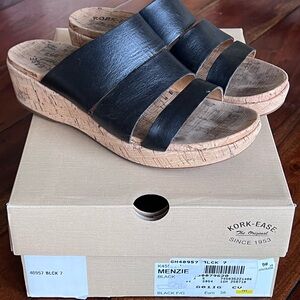 Kork-Ease Perforated Black Cross Strap Nubuck Leather Wedges